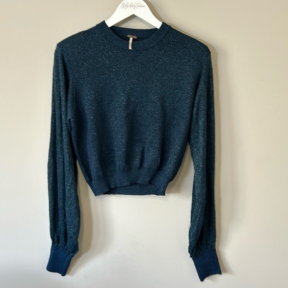 Free People Let It Shine Metallic Sparkle Balloon Sleeve Pullover Sweater Size S - Picture 3 of 14